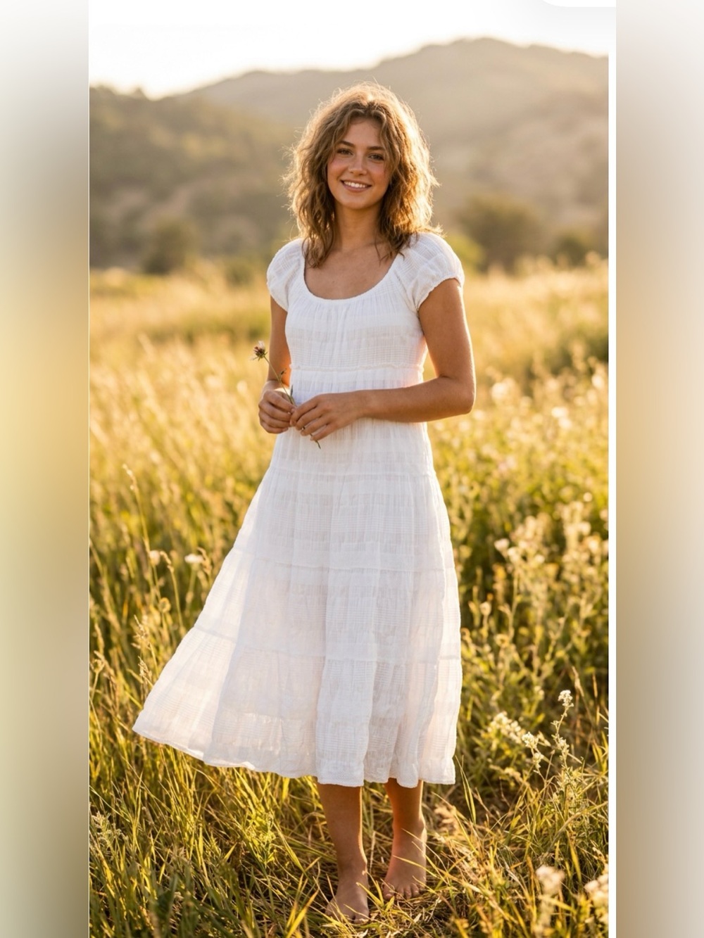 Max Studio White Tiered Midi Dress with Cap Sleeves Size Large